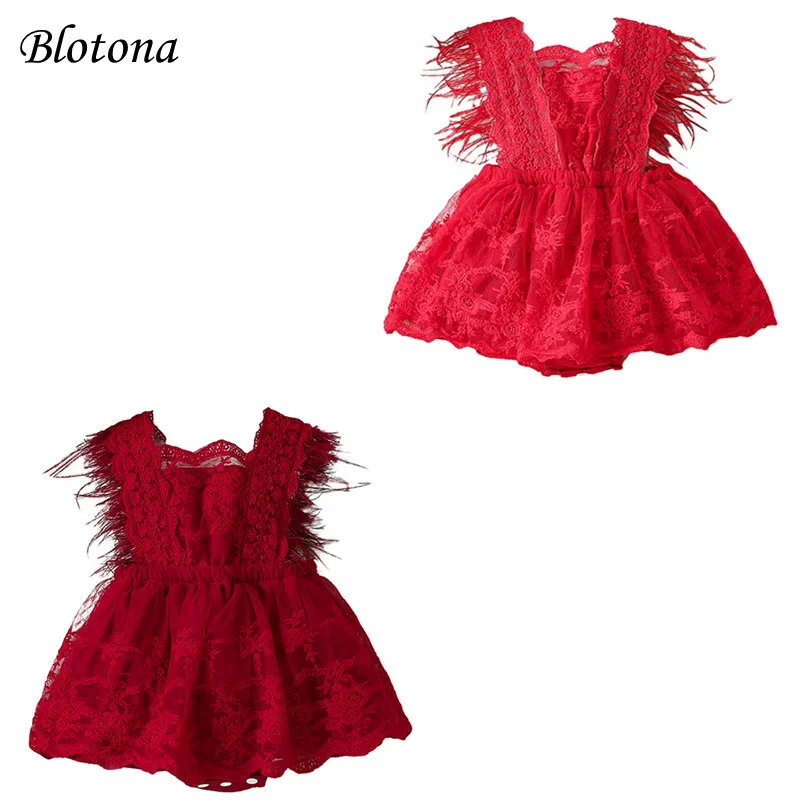 

Blotona Newborn Baby Girls Summer Romper Dress Infant Sleeveless Feather Decor Sweet Lace Romper 0-24Months