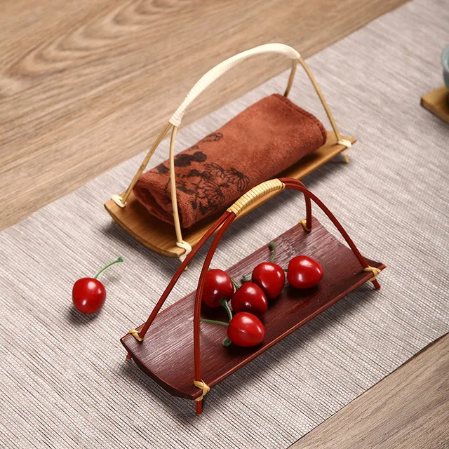 Kézi Szőtt Rattan Tároló Tálca Fa Fogantyú Kosár Kenyér Élelmiszer -Tányér Gyümölcs Torta Tál Vacsora - Image 2