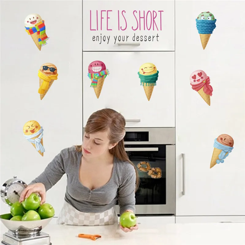 Funny Emuji Of Ice Cream Wall Sticker For Kitchen Dining Room Bar Shop Home Decoration Cartoon Mural Art PVC Wall Decals