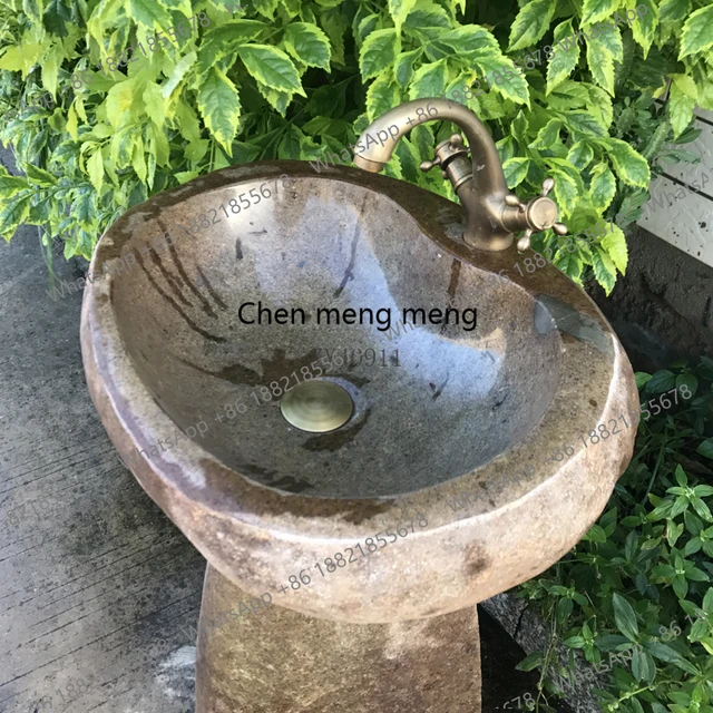 อ่างล้างหน้าหินธรรมชาติ อ่างล้างหน้ากลางแจ้งแบบติดตั้งในระเบียง อ่างล้างหน้าทรงเสาสำหรับลานบ้าน อ่างล้างหน้าโบราณสำหรับสระว่ายน้ำกลางแจ้ง 4