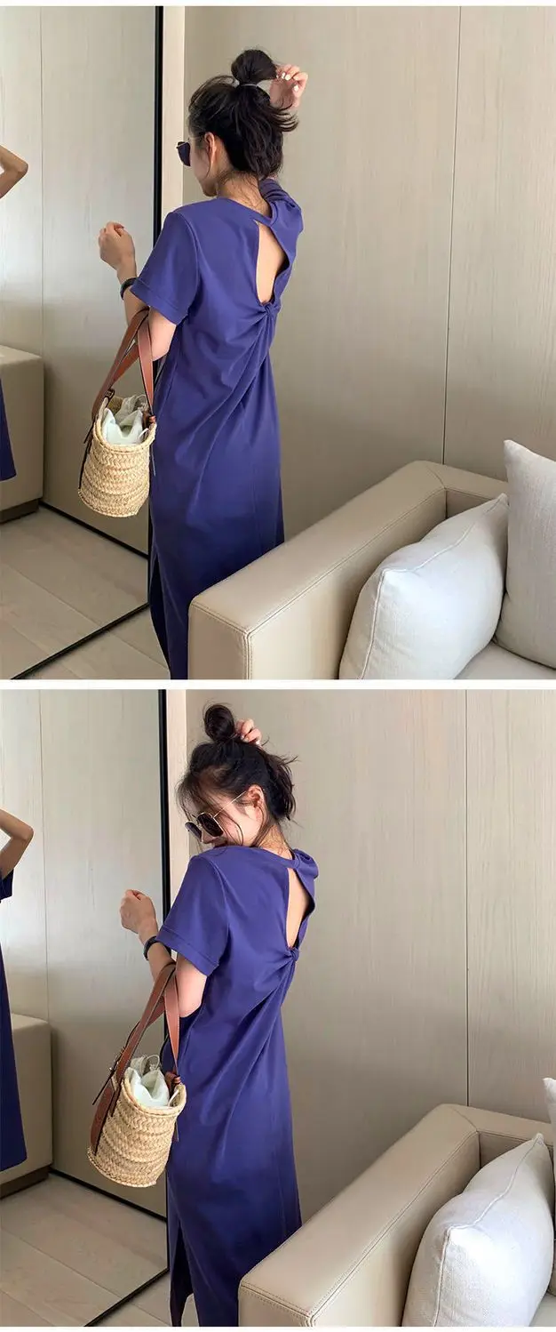 Casual Backless T Shirt Dress Summer New Round Neck Short Sleeve Solid Color Loose Midi Dress Fashion Trend Women Clothing