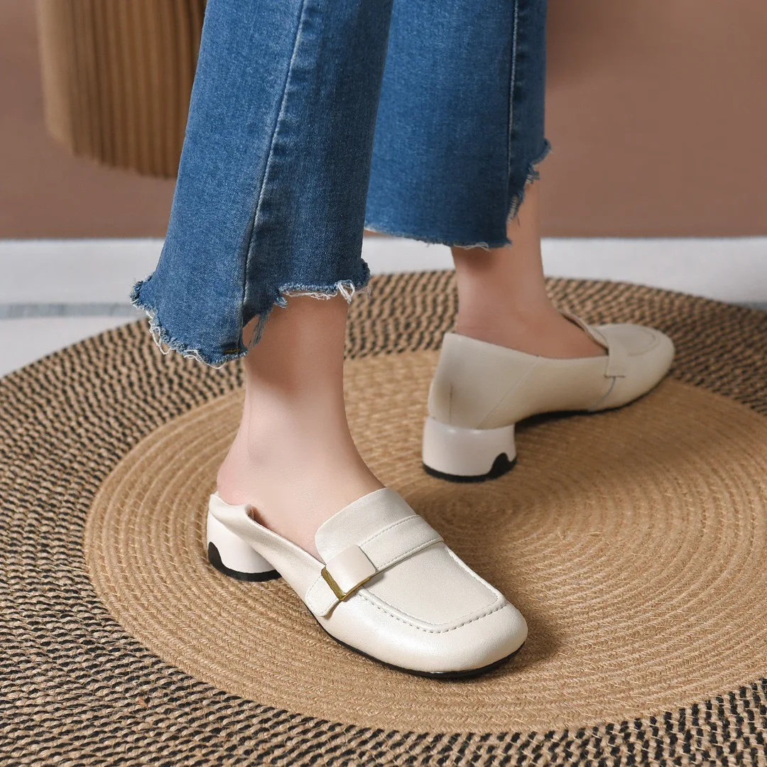 Square Toe Loafers 2022 Spring and Summer New First Layer Cowhide Elegant Low Heel Square Buckle Two-Way Leather Shoes
