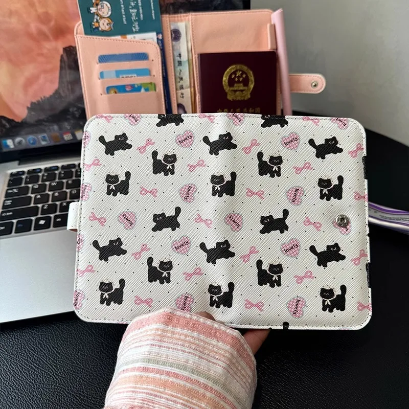 Korean Style Cute Butterfly Cat Passport Holder Multi-Functional PU Leather Travel Wallet for Cards, Tickets, ID Documents