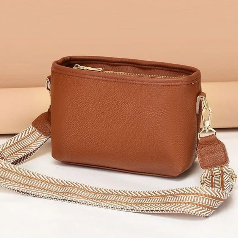 Leather Genuine Crossbody Wide Strap, Square Top Layer, Cowhide Single Shoulder Soft Leather, Versatile Women's Bag, Trendy ,