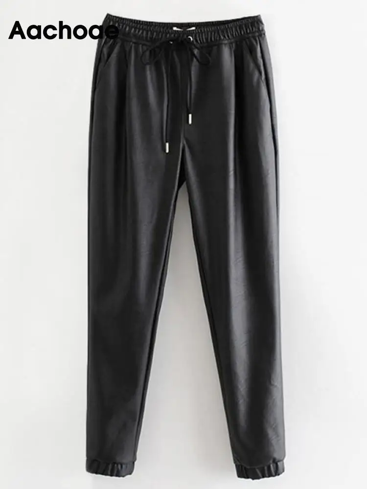 Aachoae Women Black Chic PU Leather Pants Elastic Waist Long Length