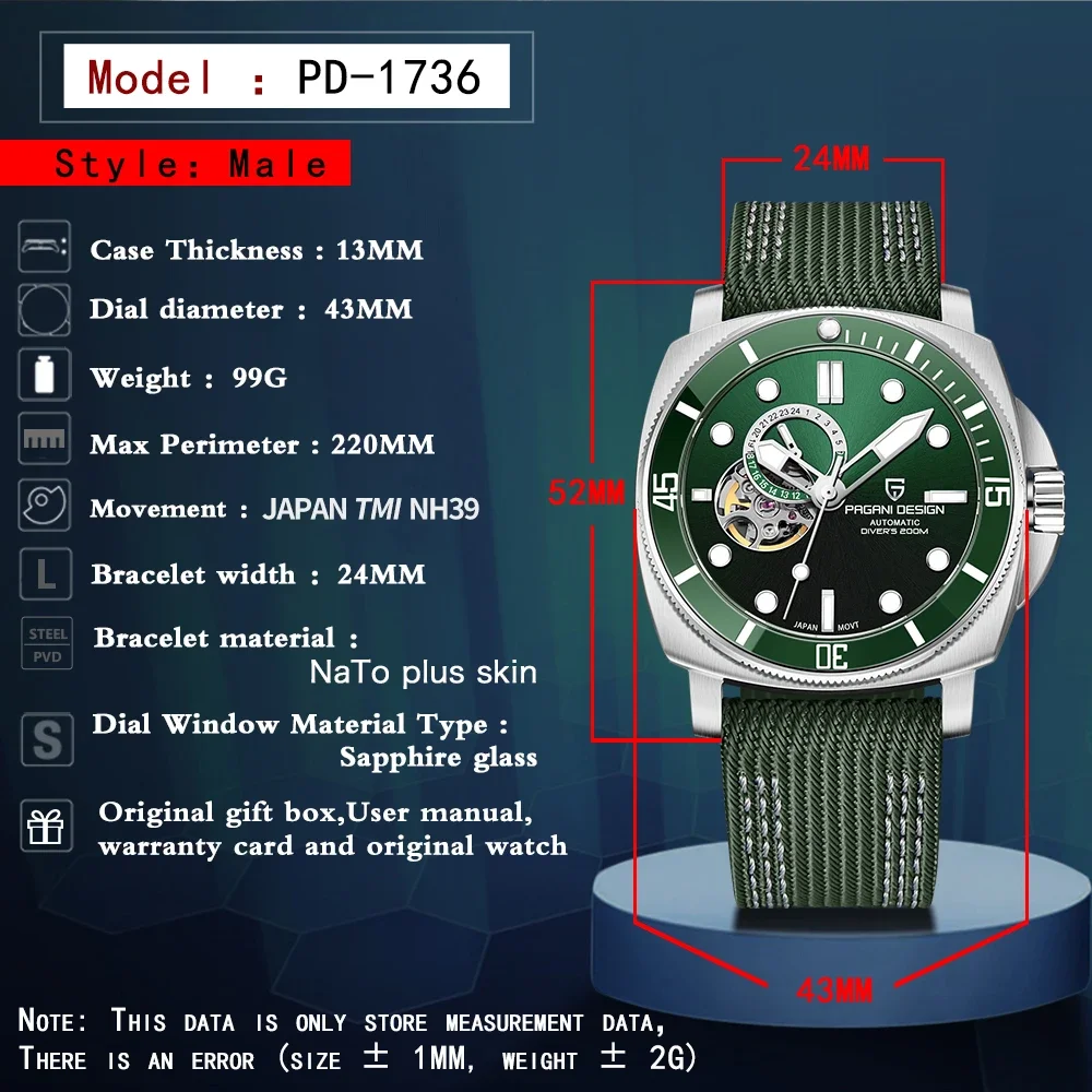 Mechanical Watch PAGANI DESIGN Men's Automatic Watch Japan TMI NH39 Tourbillon Skeleton Sapphire Crystal Mechanical Wrist Watch 200M Waterproof