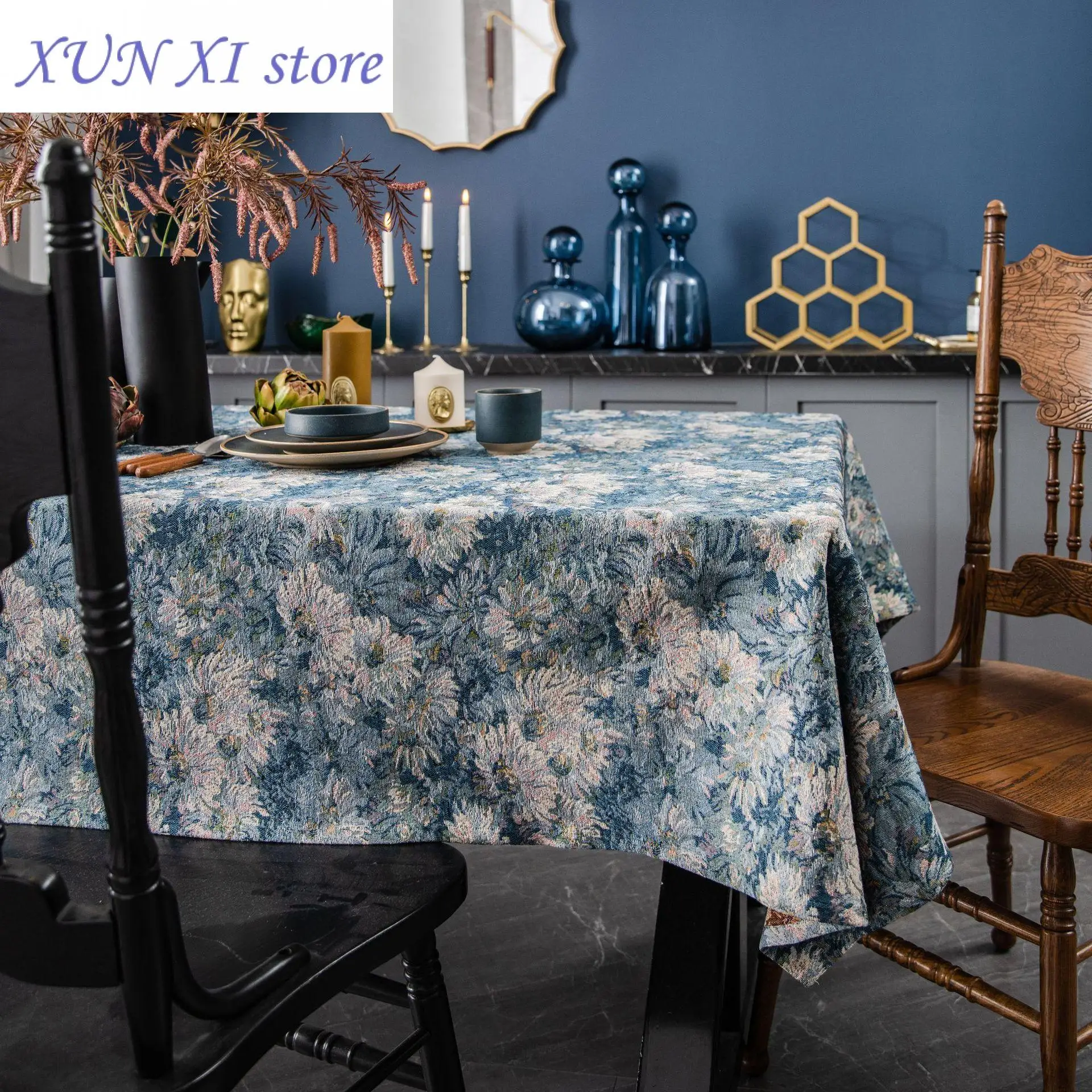

New Blue Jacquard Oil Painting Tablecloth,Rectangular Dustproof Flower Table Cover,for Kitchen Dinning Coffee Table Decoration
