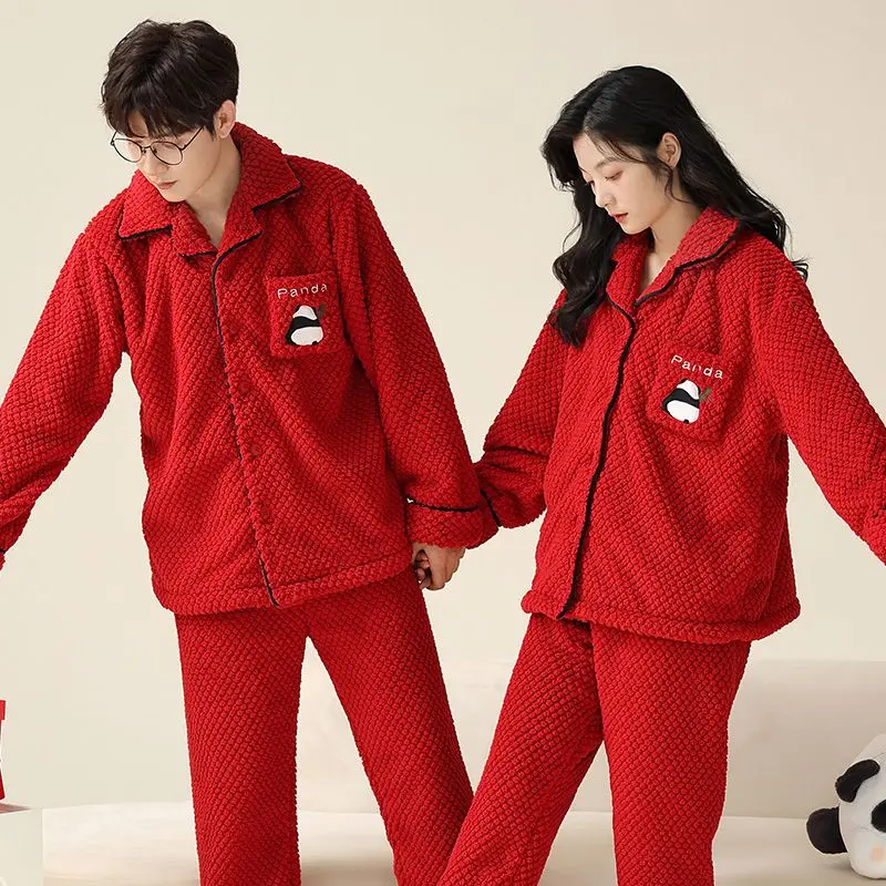 Red Wedding Couple Pajamas Winter New Coral Fleece Thickened Fleece-lined Men Homewear Suit Women Casual Warm Nightclothes Sets