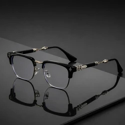 Vintage Luxury Half Frame Cross Carving Anti Blue Light Retro Square Eyewear (Black Golden)