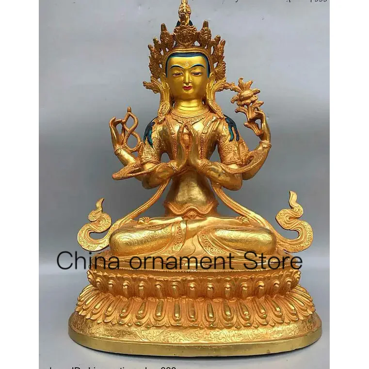 

Folk China Buddhism Bronze Gilt 4 Arms Chenrezig Kwan-yin Guanyin Goddess Statue