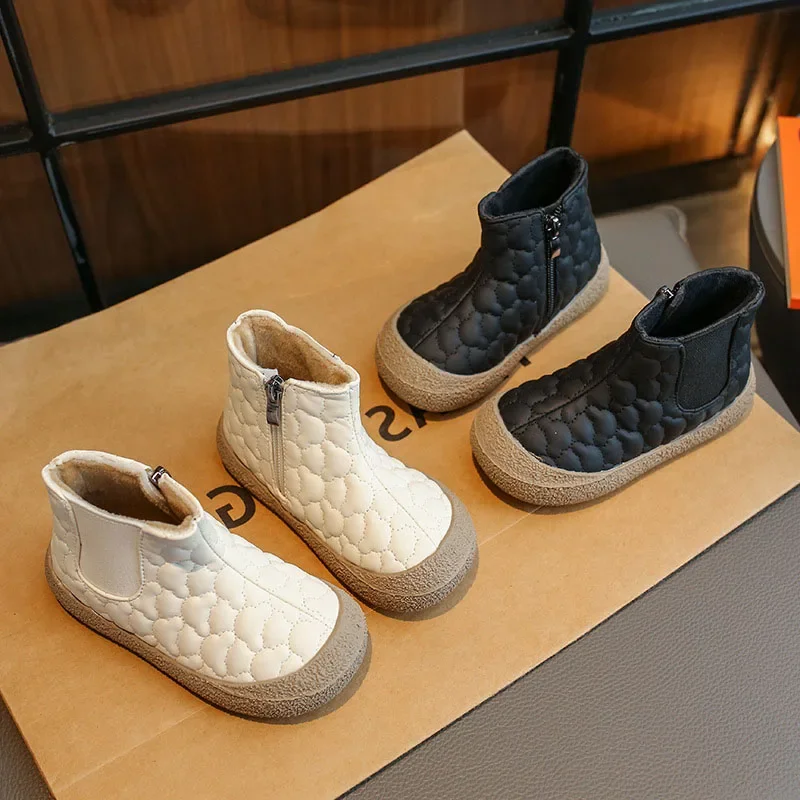 

Children Plush Short Boots Winter Fashion PU Leather Ankle Boots Baby Round-toe Rubber Covered Platform Botas Slip-on Snow Boots