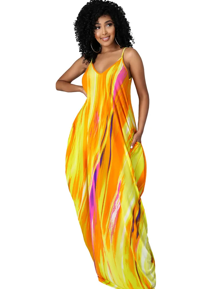 

Szkzk Tie Dye Multicolour Print Spaghetti Straps Dresses Women Sexy Summer Night Clubwear Party Sleeveless Loose Maxi Dress