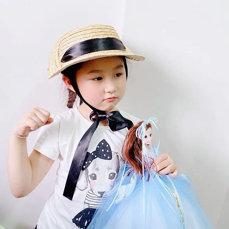 Cute Vintage Children Baby Girls Straw Plaited Hat Lace Up Beach Holiday Outdoor Summer Sun Block Hat Cap for Kids Sun Hats 6