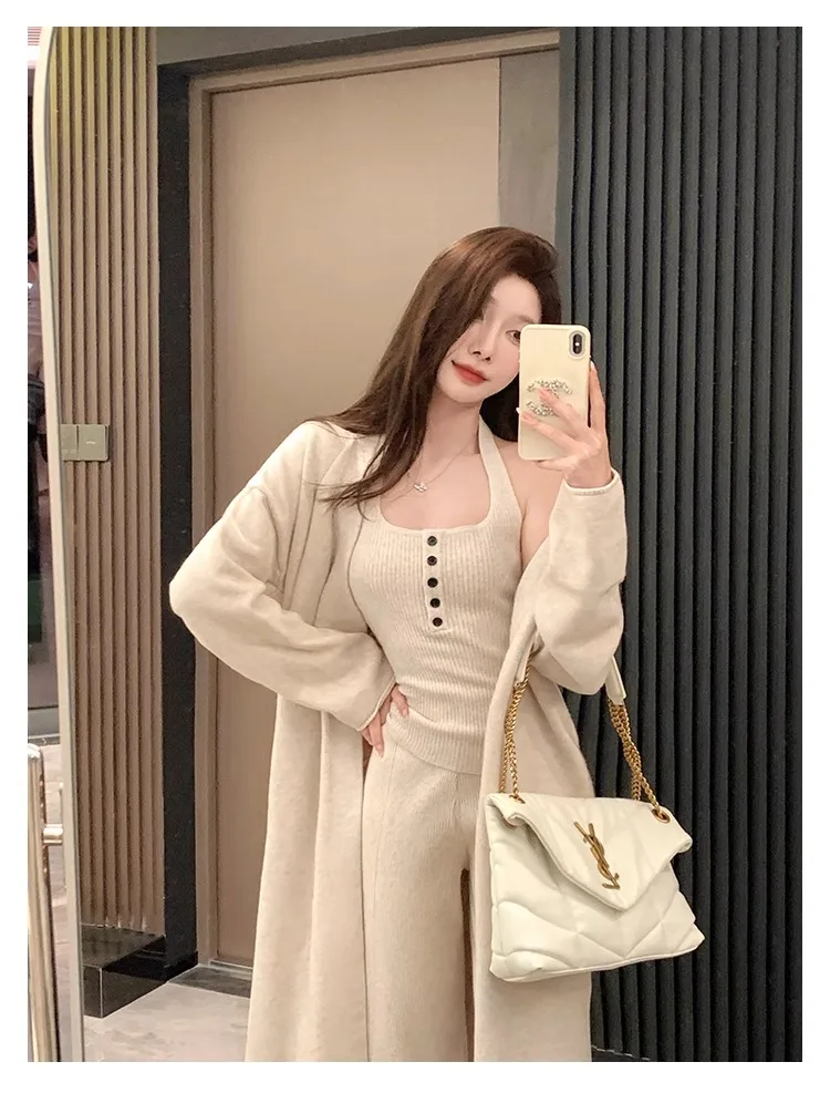Conjunto de 3 piezas de punto para mujer, chaleco con cuello halter, cárdigan largo, pantalones largos, ropa informal lisa de moda coreana, otoño e invierno, nuevo