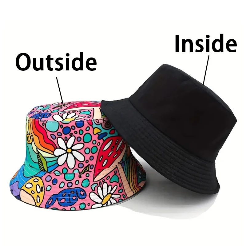 Fisherman Hat Bocca Cartoon Mushroom Bucket Hat Flower Graffiti Double Sides Panama Cap for Men Woman Outdoor Summer Beach