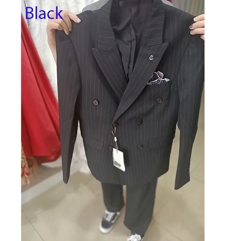 

( Jacket + Pants ) Fashion Boutique Striped Plaid Casual Business Mens Double breasted Suit Blazer Trousers Formal Wedding Dress