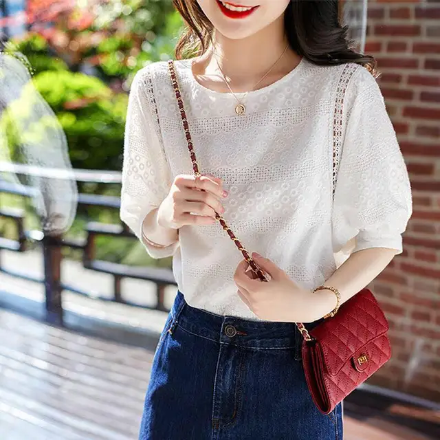 2023 Fashion Summer Embroidery Cotton Lace O-neck Casual Blouses New Korean Women's Lantern Sleeve Loose Shirts Clothes 13440 3