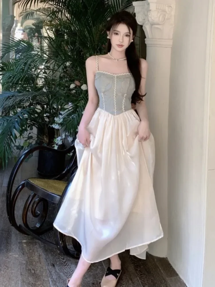 

Sweet Ballet Dress Women 2023 Sumemr Spaghetti Strap Dress Patchwork Mesh A Line Long Dresses French Elegant Evening Party Robes