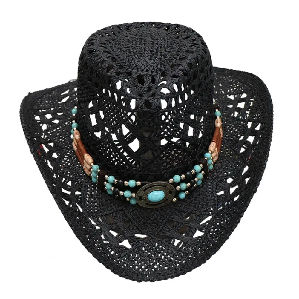 Unisex Straw Cowboy Hat with Decorative Bands Hollow Breathable Design Ultralight Cowgirl Woven Sun Hat