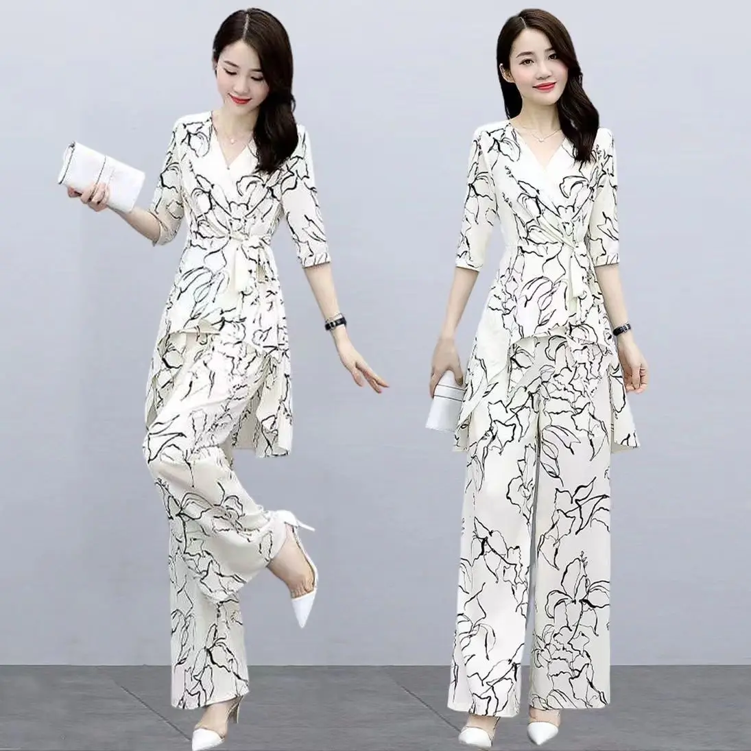 Temperament Slimming Chiffon Set Summer 2024 New Wide Legged Pants Fashion Chiffon Shirt Loose Two Piece Set