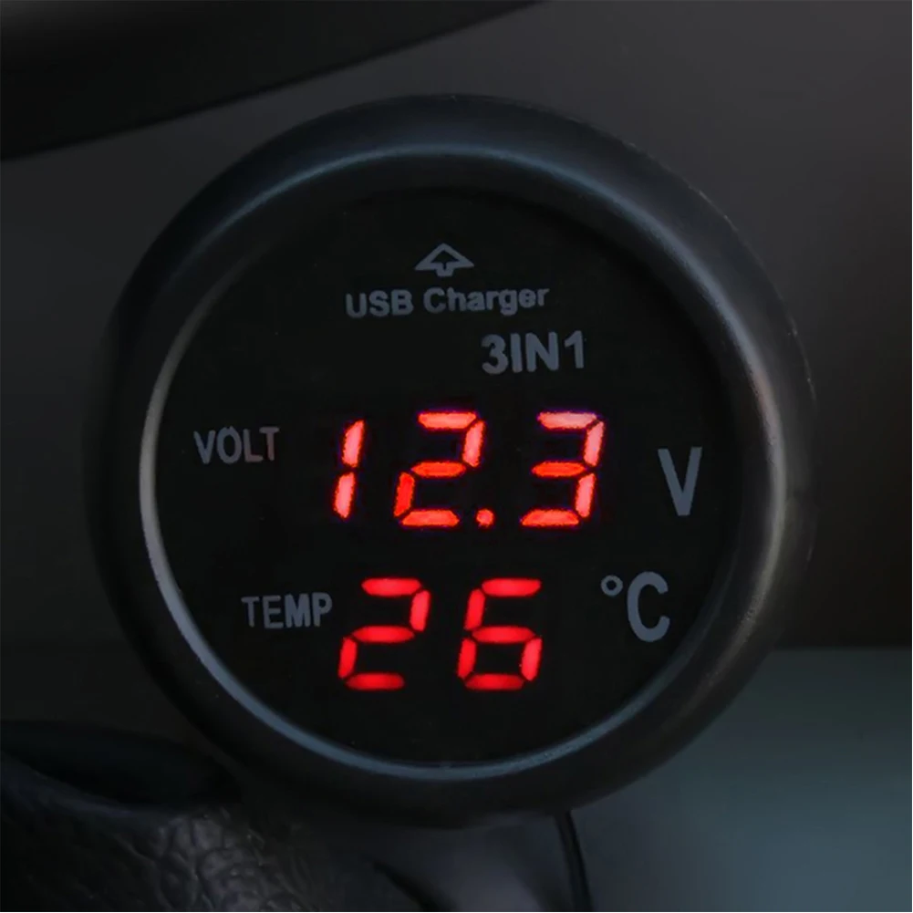 Caricabatterie per Auto 3 in 1 12/24V con Voltmetro e Interruttore, Voltmetro Digitale LED per Auto, Termometro, Caricatore USB