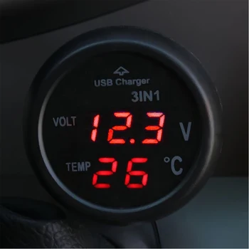Caricabatterie per Auto 3 in 1 12/24V con Voltmetro e Interruttore, Voltmetro Digitale LED per Auto, Termometro, Caricatore USB