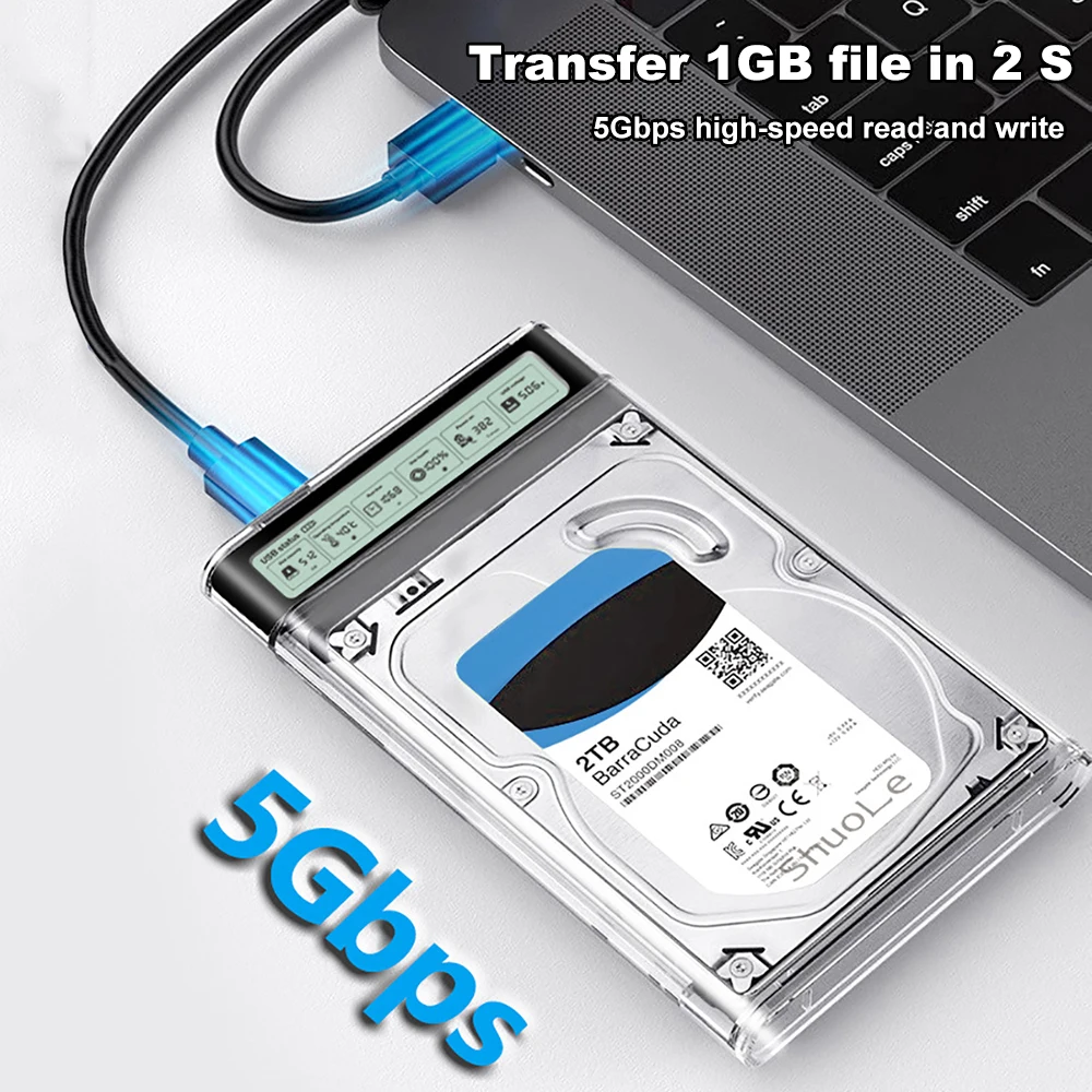 케비두메이 스마트 디스플레이 HDD 케이스 2.5인치 투명 HDD 인클로저 USB C 외장 HDD 쉘 SATA HDD SSD 스토리지 케이스 (노트북 PC용)