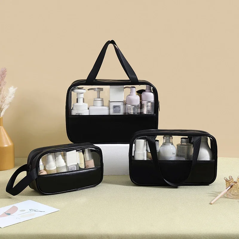 

PU Splice Makeup Bag PVC Transparent Waterproof Wash Bag Travel Portable Handbag Large Capacity Bathroom Storage Bag