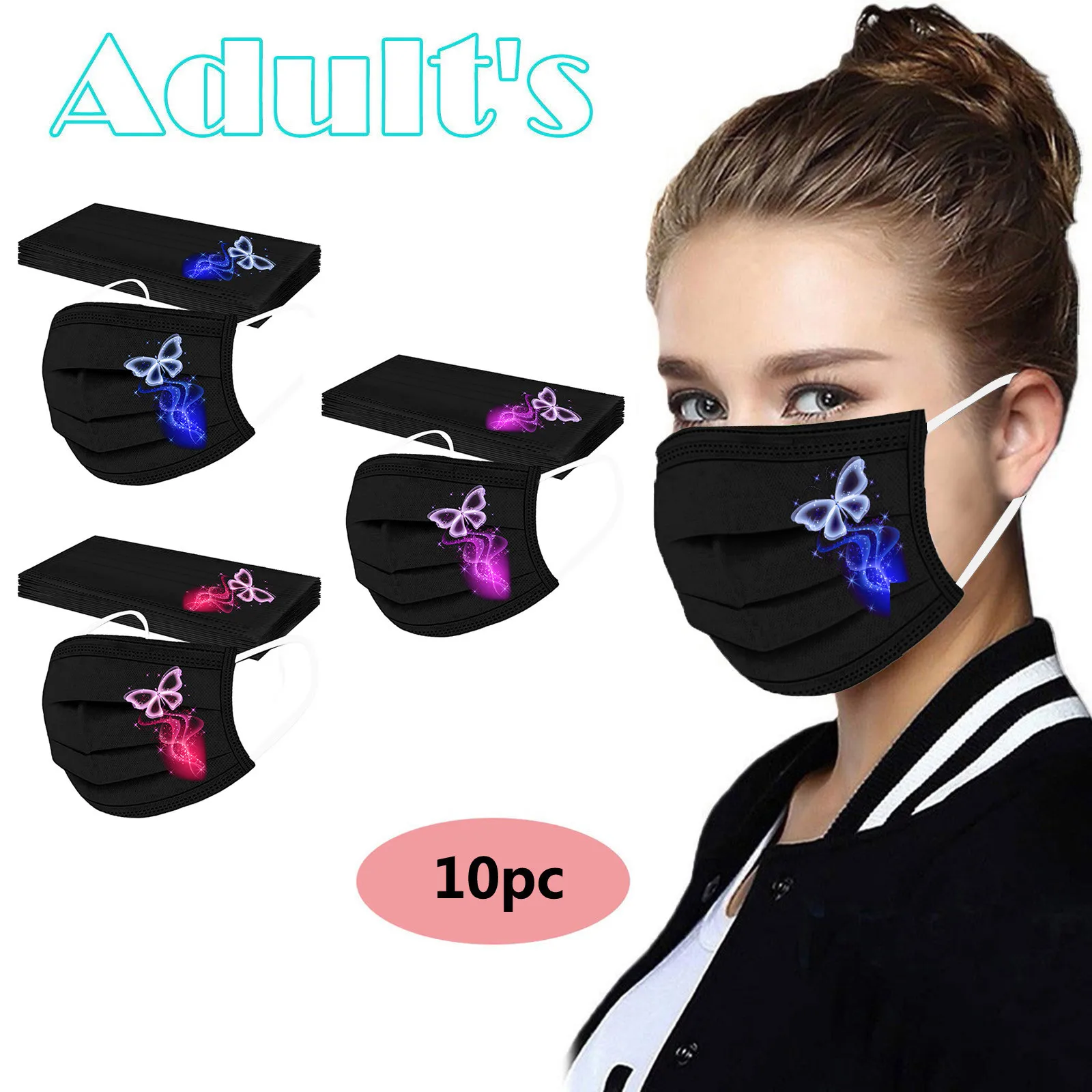10PCS Adult's Butterfly Printed Mask Disposable Protective Face
