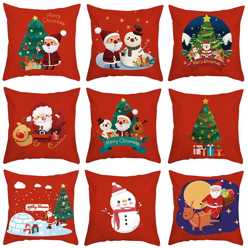

Home Decor Red Christmas Ornaments Happy New Year Cushion Cover Snowman Santa Car Tree Pillowcase funda de almohada