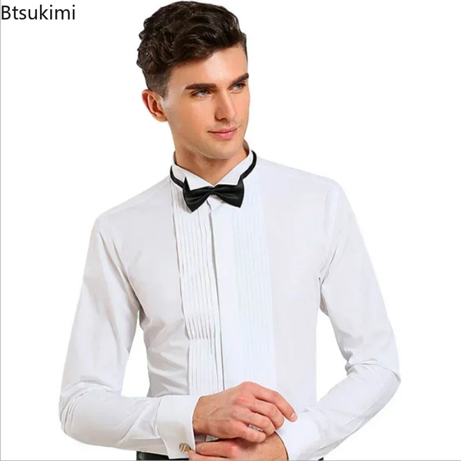 Mens Dress Shirt Men Wedding Party Club Dress Shirts with Bowtie Slim Fit Solid Wing Tip Collar Tuxedo Shirt Long Sleeve Tops