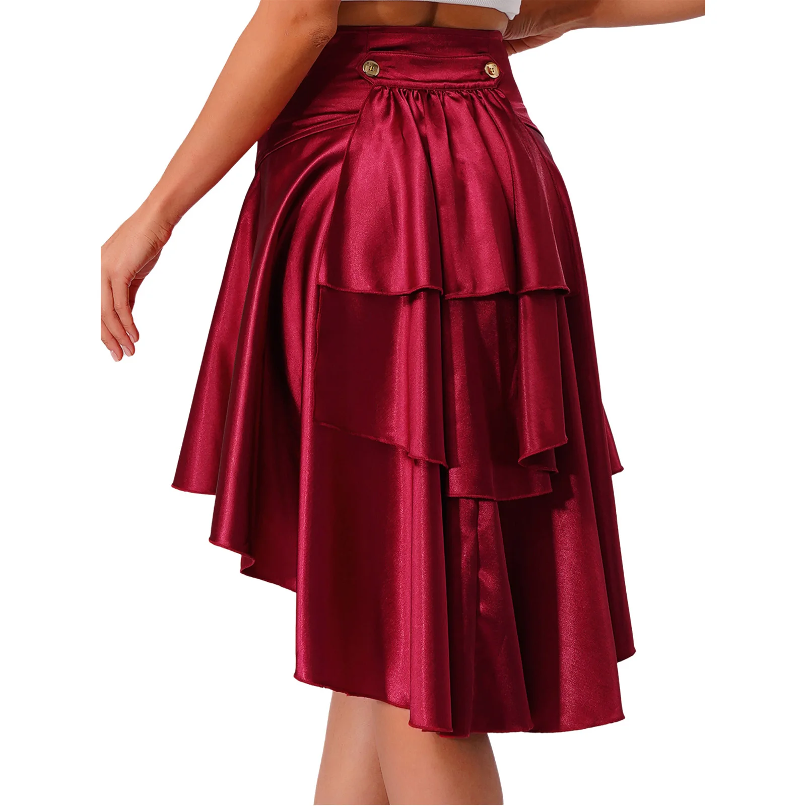 Womens Gothic Steampunk Satiny Pirate Skirt Front Lace-up Tiered Ruffled Irregular Hem Skirt Waist Belt Vintage Medieval Costume 4