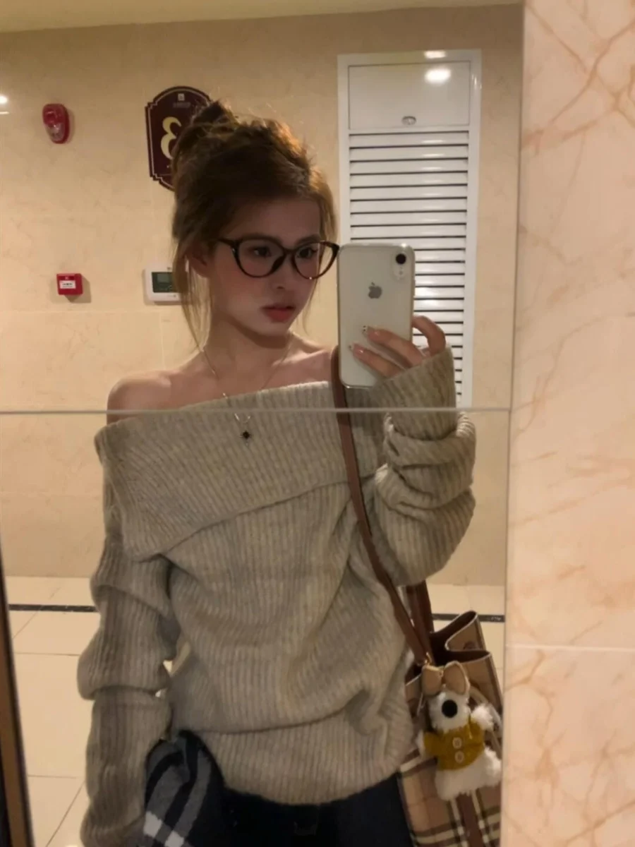 Ele Loose Knitted Sweater oulder Bared Large Collar Women's Autumn Winter Warm Thiened Casual Sle Pure Color Top