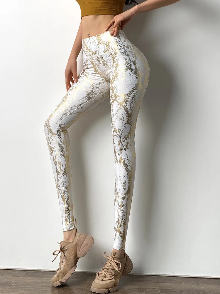 Snake Printed Yoga Pants Gilded Bubble Butt Sexy Casual Skinny Pants  For Women High Waist Elastic Fitness Sporty Leggings