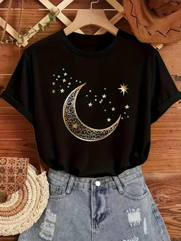 Women'S Elegant Moon  Stars Print T-Shirt  Casual Short Sleeve Crew Neck Top for Spring Summer Golden Print Top Comfortable Fit 1