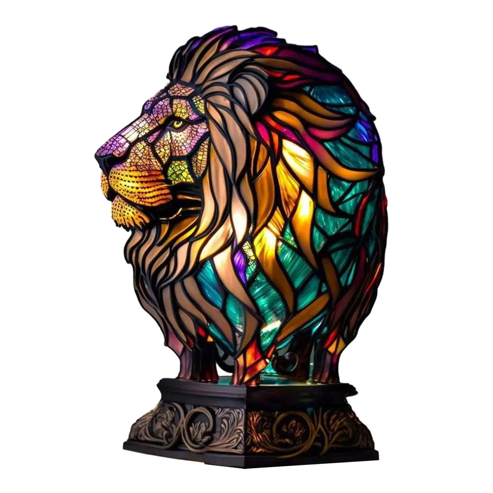 Lion Stained Bedside Table Lamp Resin Retro Art Crafts Vintage Desktop Ornament for Living Room Bedroom NightStand Hotel Gift