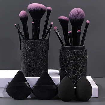 Set di 17 Strumenti per il Trucco, Set di 12 Pennelli per il Viso con Spugnetta Triangolare per il Trucco, Contenitore per Pennelli da Trucco, Strumenti per il Trucco
