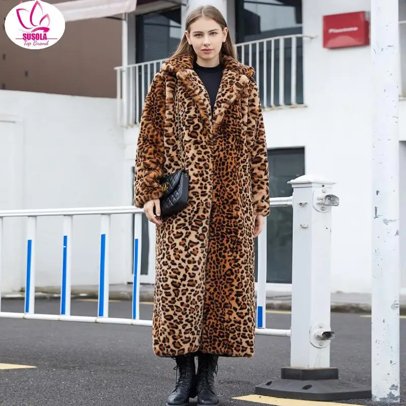 

SUSOLA Collar Furry Leopard Print Imitation Mink Fur Coat Autumn Winter Clothing Women Trench Overcoat Thickened Faux Fur Coat