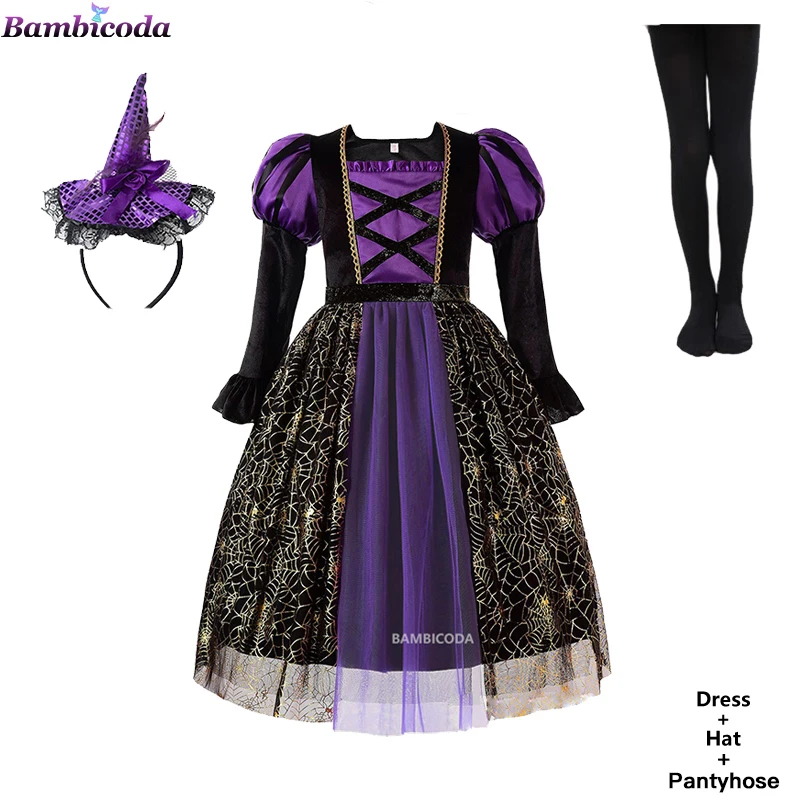 thumbnail image 1 of Vestido de fiesta de bruja para niñas de Halloween, disfraz de fantasma gótico, bata, vestido con tutú, sombrero de bruja para fiesta de carnaval de Purim, 1 of 5