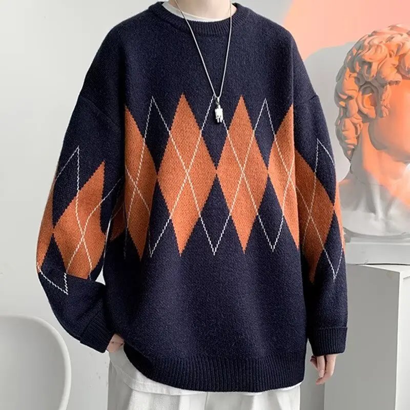 Japanese Style round Neck Knitted Sweater Men's Winter Thickened Hooded Woolen Sweater Diamond Pattern Color Block Daily Wear