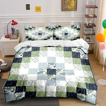 Vintage Blue Rose Patchwork Quilt Bedding Set, Country Floral Plaid Grid Print 1 Duvet Cover 2 Pillowcase, Home Decor, Gift 1