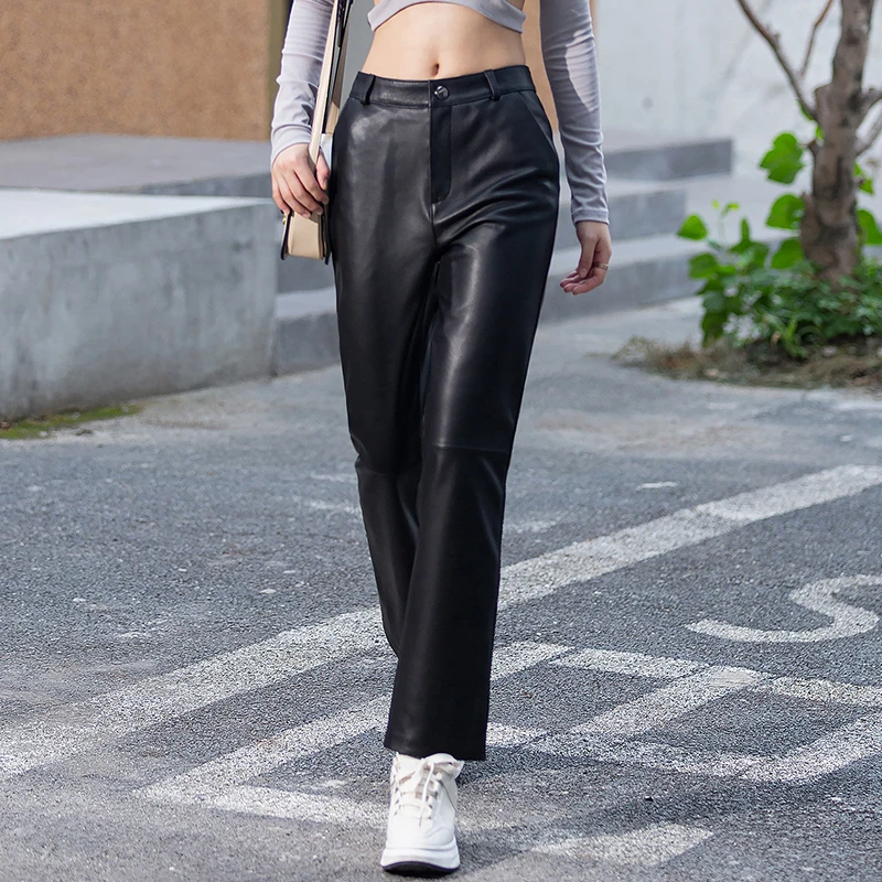 Women's High Waist Sheepskin Pants, Casual Small Straight Trousers, Pure Leather Pants, Show Slim, Autumn, Winter