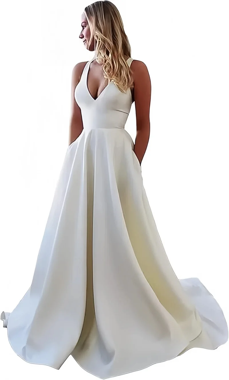 Spaghetti Strap Open Back Wedding Dresses Satin Simple Style Prom Dress V Neck Evening Gown Formal Party Dress with Bow 1
