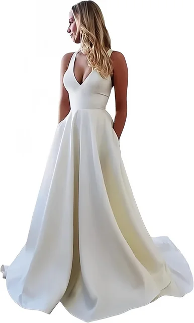 Spaghetti Strap Open Back Wedding Dresses Satin Simple Style Prom Dress V Neck Evening Gown Formal Party Dress with Bow 1