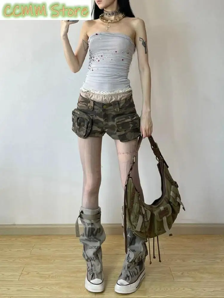 Women's Summer Sexy Camouflage Mini Shorts Cool Girl High Waist Strap Design Y2K Streetwear Female Vintage A-line Wide Leg Short
