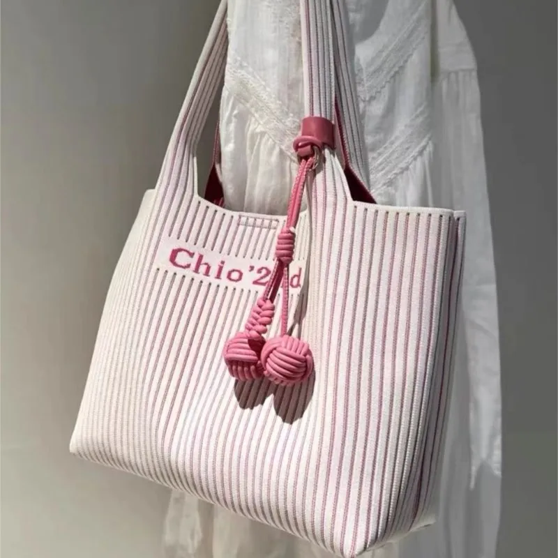 Sweet Cute Pink Stripe Tote Bag Women Letter Print Colorblock Large Capacity Shoulder Bag Ladies Casual Commuter Sle Handbag New