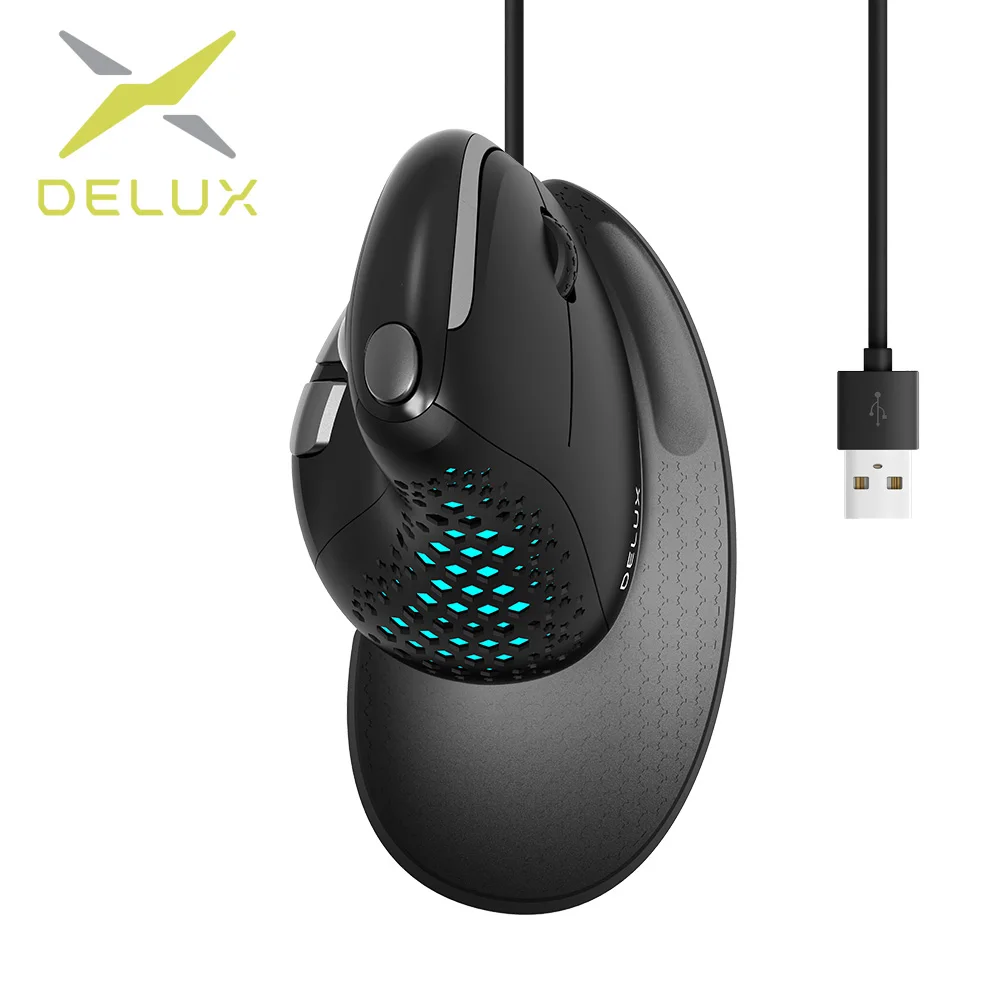 Delux Seeker-m618xsu Mouse com Fio Vertical Ergonômico Luz Rgb Tampa Traseira Removível 4000dpi Mouse de Jogos para Laptop Computador