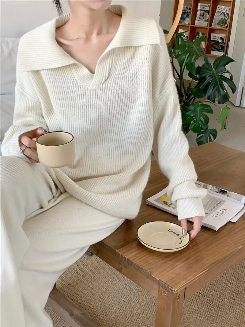 Conjunto de dos piezas de punto para mujer, jersey de solapa, pantalones largos, moda coreana, ropa informal para mujer, prendas de punto nuevas