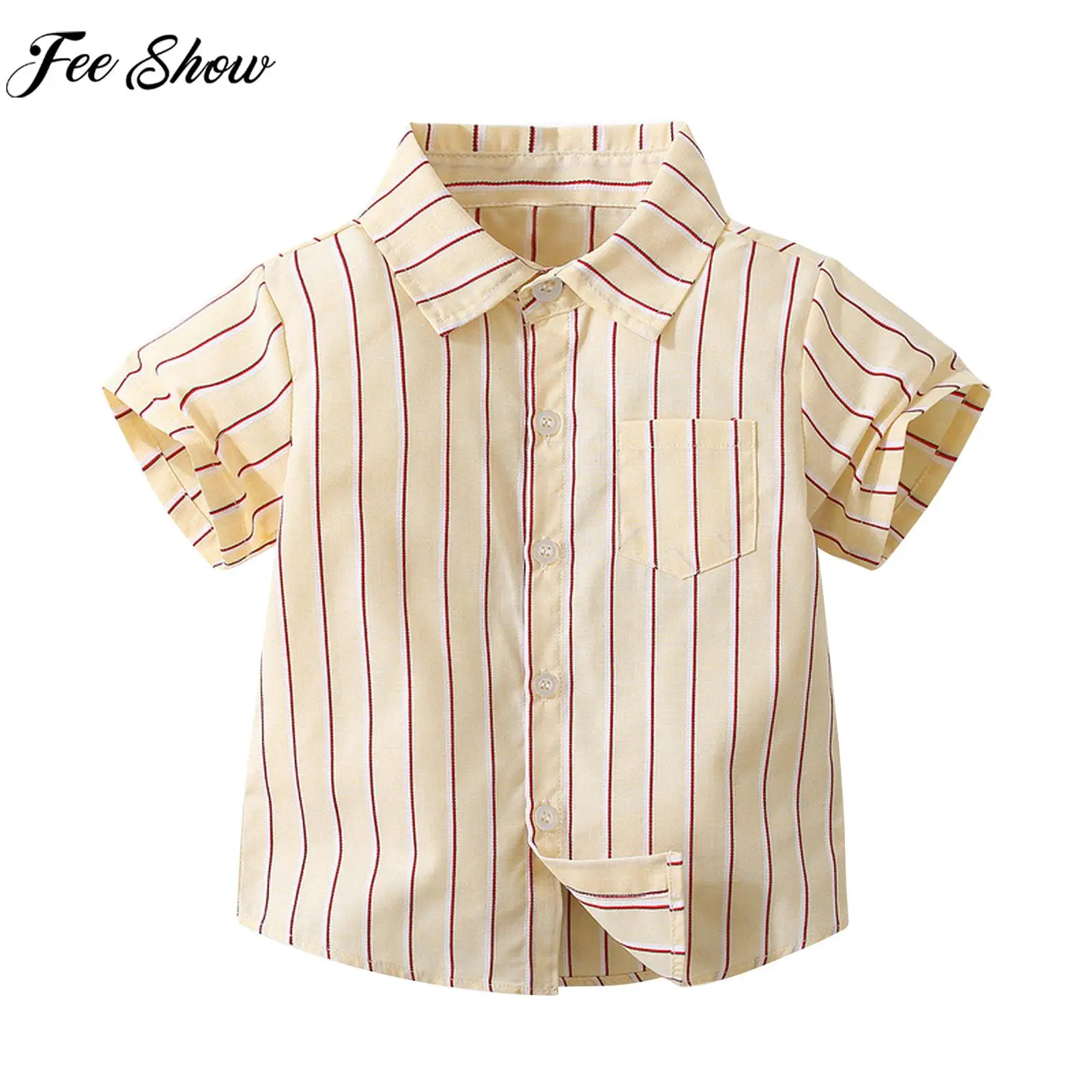 

Baby Boys Causal Preppy Style Shirt Short Sleeve Turndown Collar Stripe Cotton Tops for Beach Vacation Daily Wear Loungewear