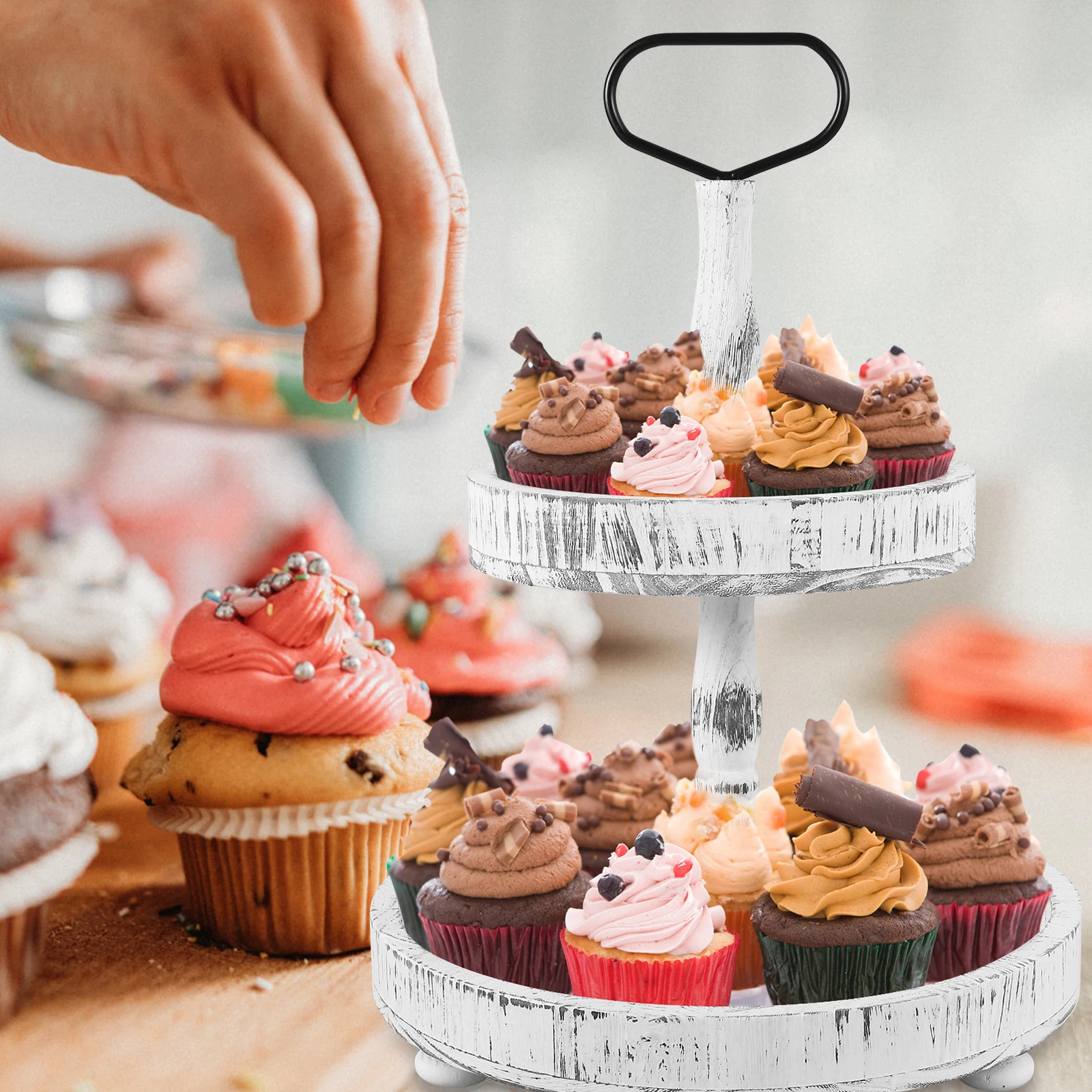 Farmhouse two-tier tray on tabletop